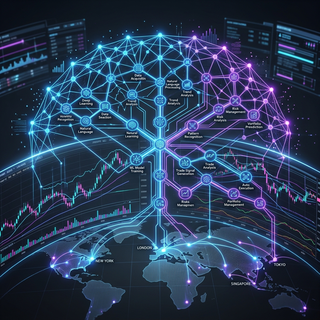 AI×FX完全ガイドのアイキャッチ:グローバルマップと巨大なニューラルネットワーク