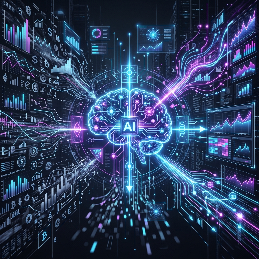 AIを活用したFX分析のアイキャッチ：ノイズから重要データを抽出する理知的なイメージ