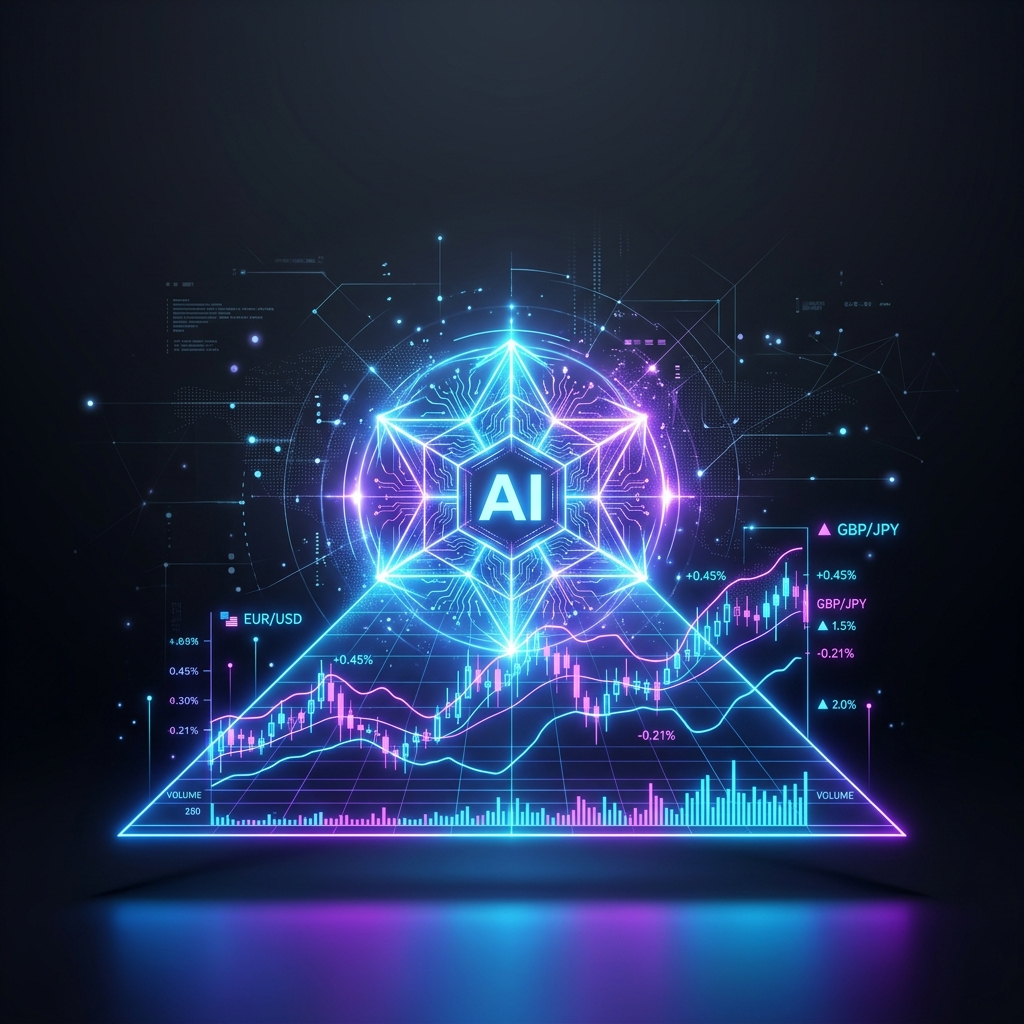 AI×FX入門のアイキャッチ：ホログラムチャートを映すクリーンなAIコア