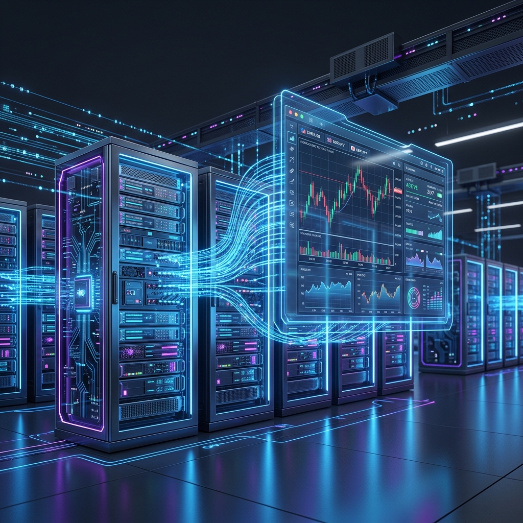 データセンターのサーバーラックとFX取引インターフェースを繋ぐサイバーイメージ